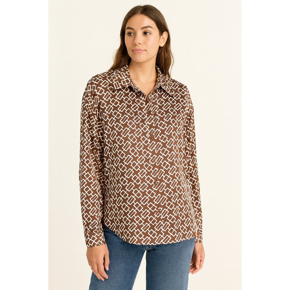 Willow + Root Women's Long Sleeve Satin-Feel 70's Dress Shirt Button-Up‎ Size M